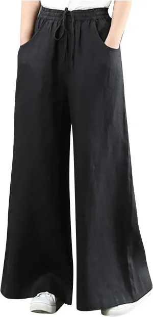 Womens Wide Leg Palazzo Pants Summer Drawstring High Waisted Long Lounge Trousers Cotton Linen Beach Boho Pants with Pockets