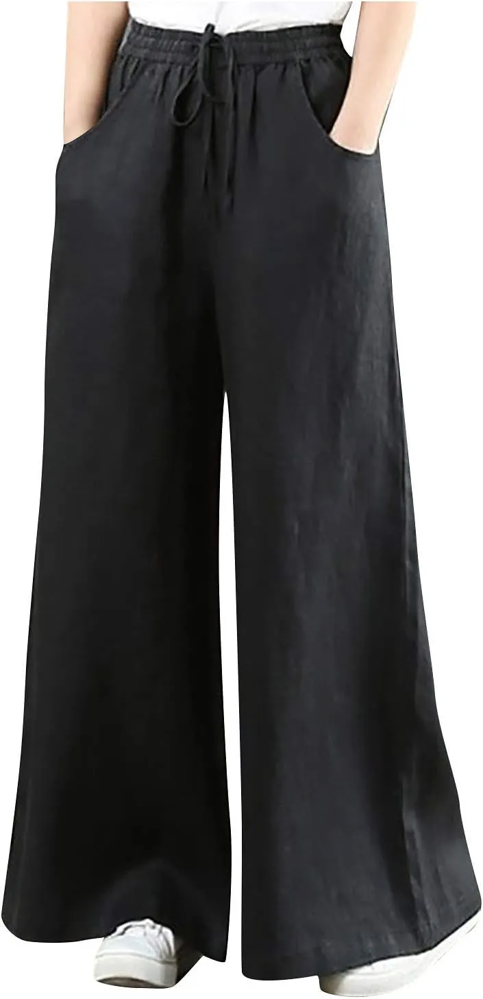 Womens Wide Leg Palazzo Pants Summer Drawstring High Waisted Long Lounge Trousers Cotton Linen Beach Boho Pants with Pockets
