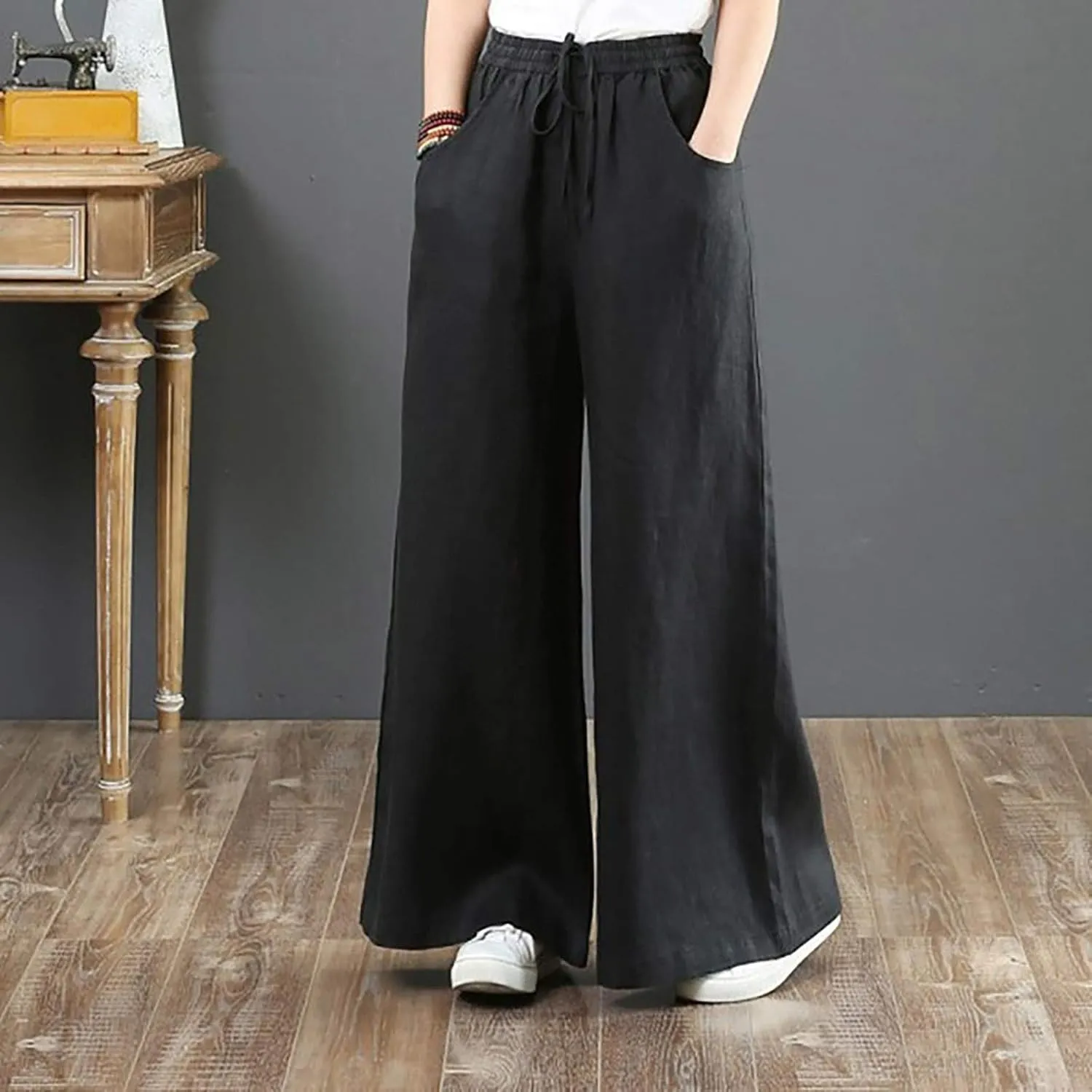 Womens Wide Leg Palazzo Pants Summer Drawstring High Waisted Long Lounge Trousers Cotton Linen Beach Boho Pants with Pockets