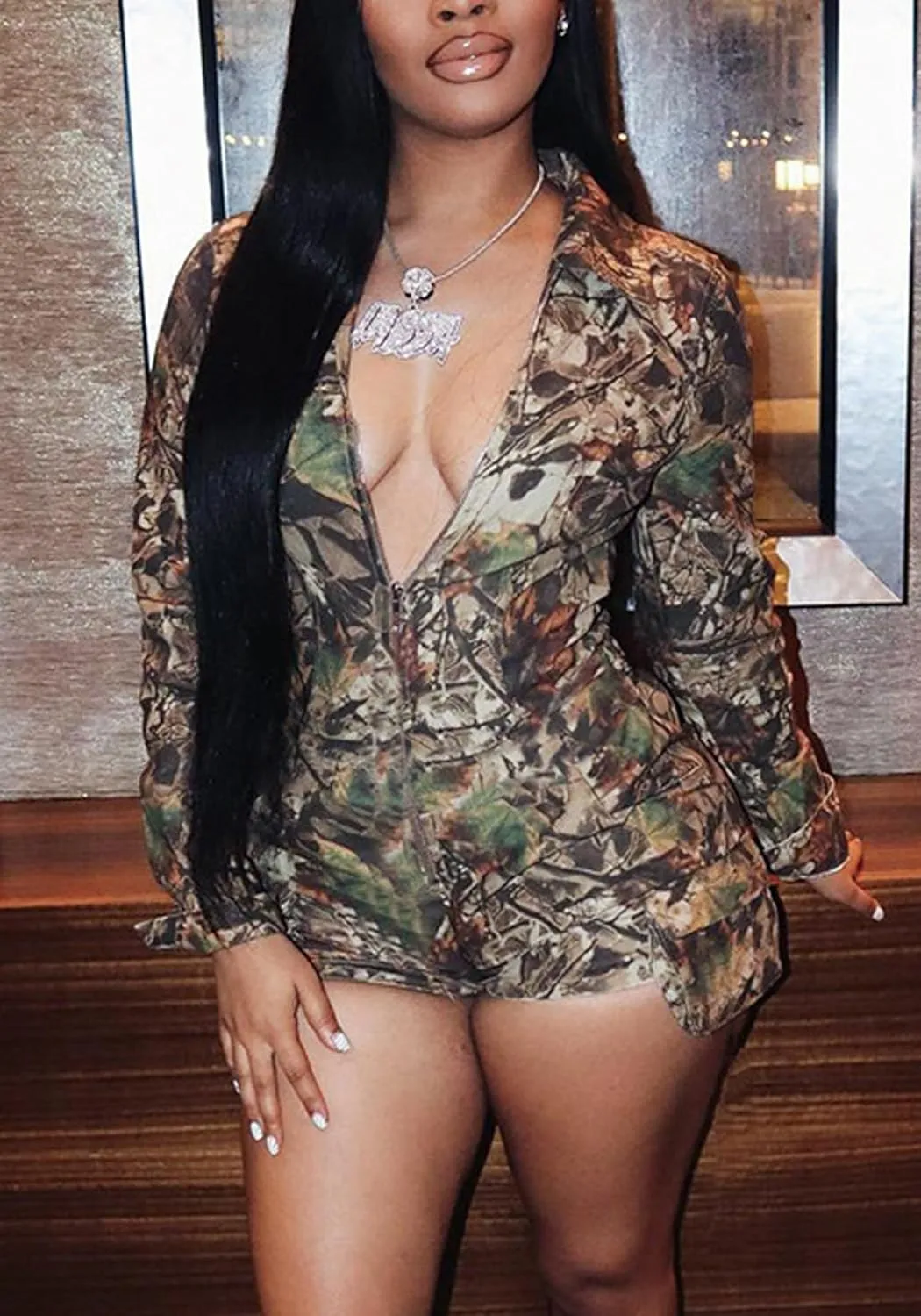Women's Y2K Camouflage Shorts Jumpsuit Casual Long Sleeve Zip Up Camo Shorts Ropmer One Piece Overalls Streetwear