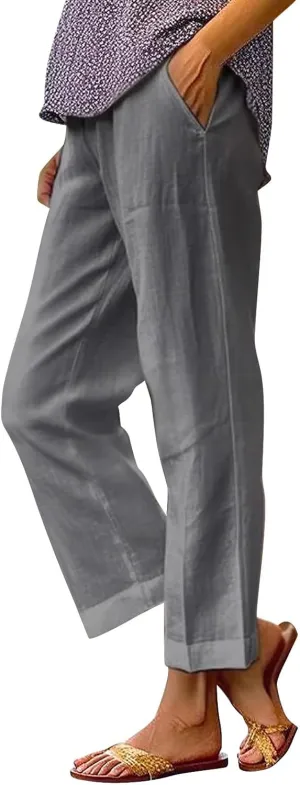 Women'sLounge Pants Women Solid Straight Solid Elastic Pants Long Drawstring Linen Women Lightweight Tapered Lounge