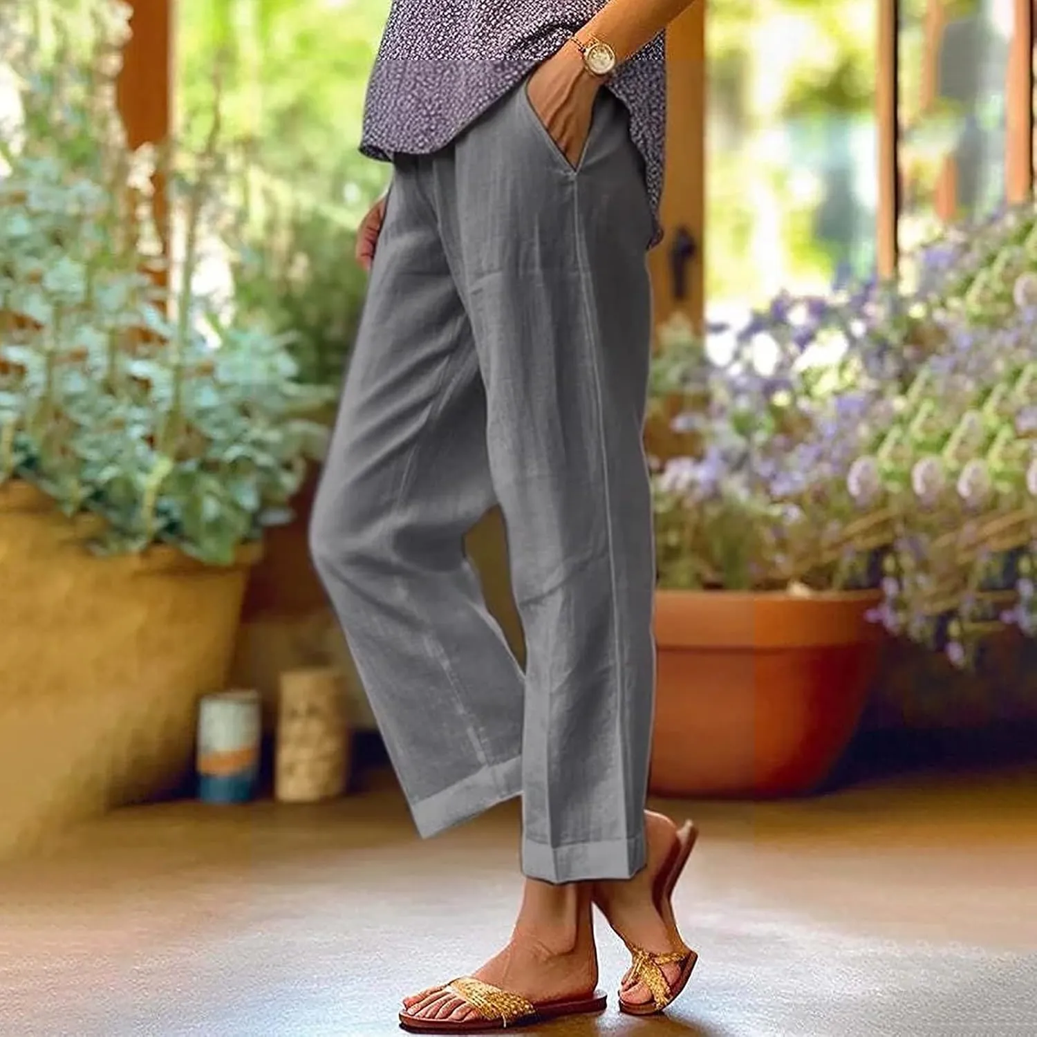 Women'sLounge Pants Women Solid Straight Solid Elastic Pants Long Drawstring Linen Women Lightweight Tapered Lounge