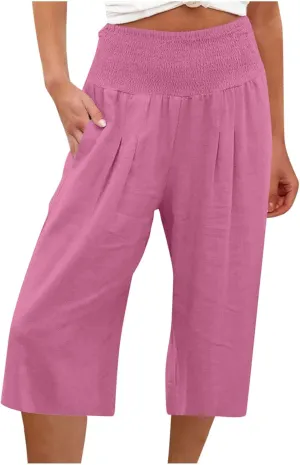 Xiaojmake Linen Capri Pants for Women Casual Summer Elastic Waist Ankle Pants Straight Wide Leg Cropped Trouser with Pockets