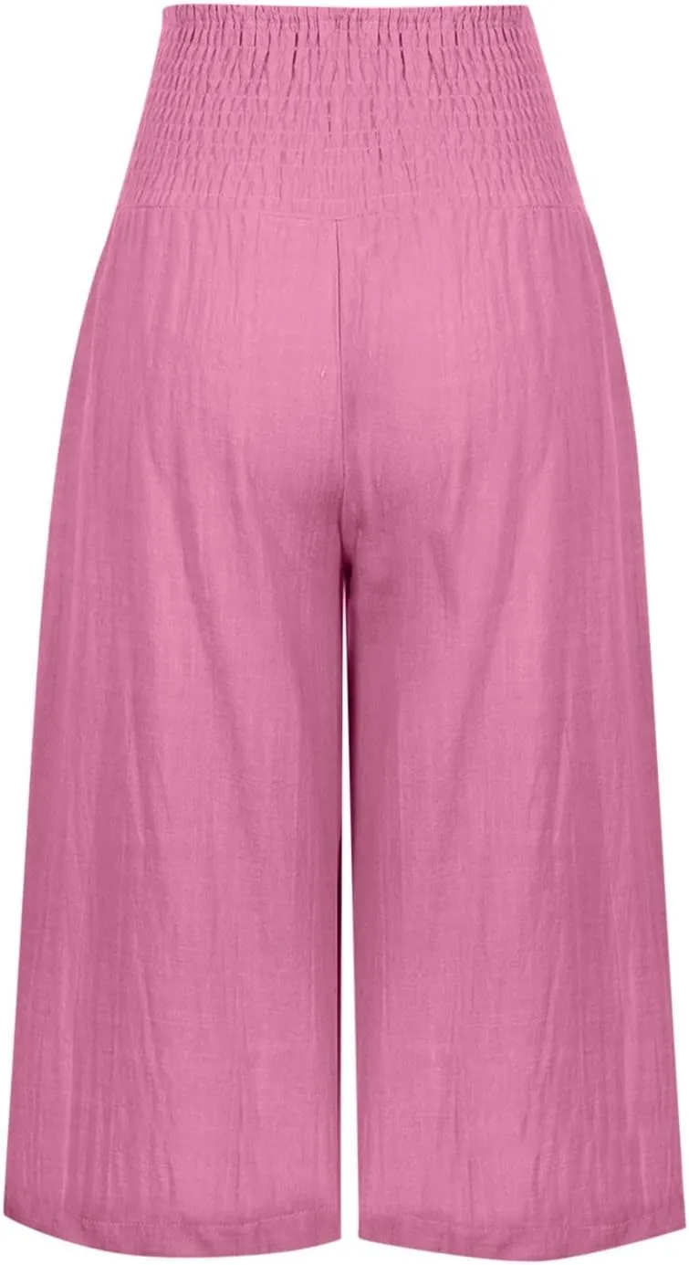 Xiaojmake Linen Capri Pants for Women Casual Summer Elastic Waist Ankle Pants Straight Wide Leg Cropped Trouser with Pockets