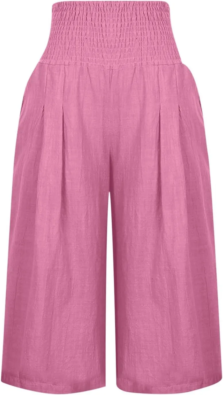 Xiaojmake Linen Capri Pants for Women Casual Summer Elastic Waist Ankle Pants Straight Wide Leg Cropped Trouser with Pockets