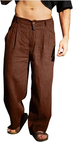 Xiaojmake Linen Pants for Men Casual Loose Fit Elastic Drawstring Waist Baggy Trousers Summer Straight Beach Pant Lightweight