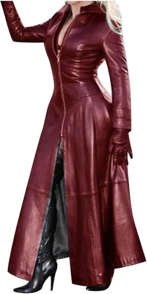 XUNRYAN Womens Faux Leather Long Jacket Victorian Steampunk Jackets Zipper Vintage Gothic Plus Size Maxi Long Trench Coat