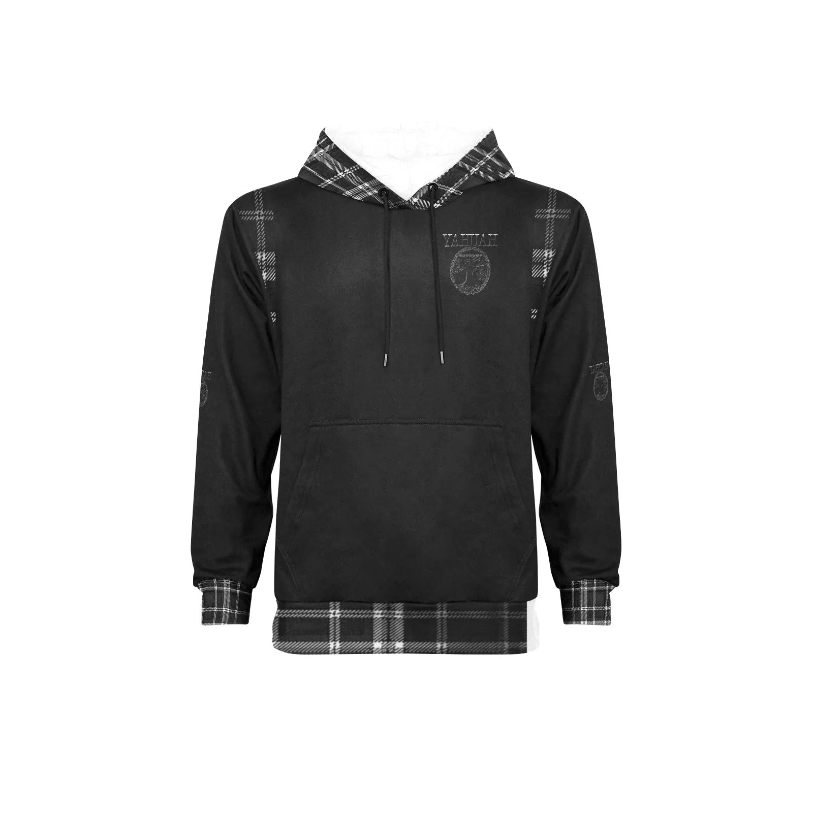 Yahuah-Tree of Life 02-04   Digital Plaid 01-06A Men's Designer High Neck Fleece Lined Pullover Hoodie