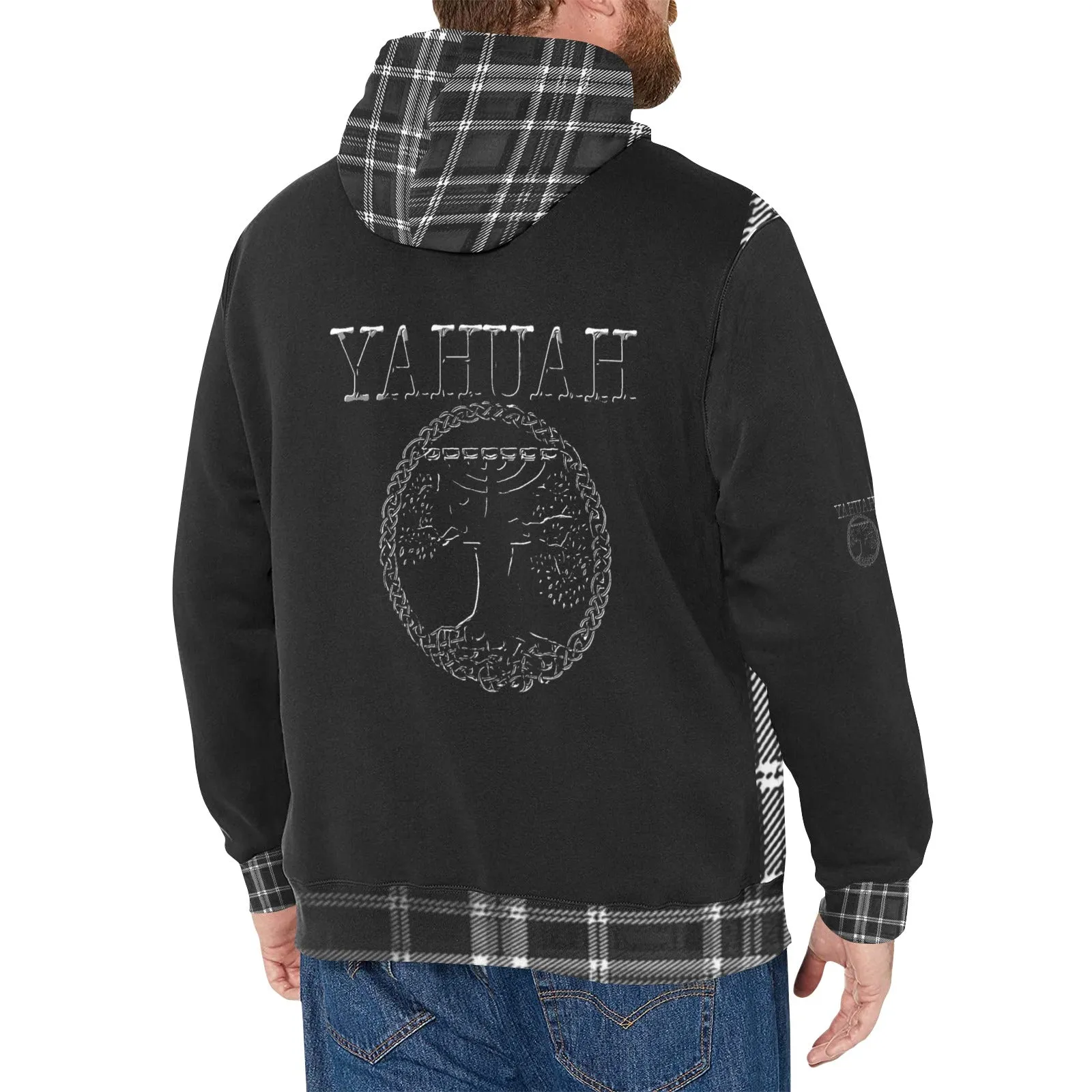 Yahuah-Tree of Life 02-04   Digital Plaid 01-06A Men's Designer High Neck Fleece Lined Pullover Hoodie