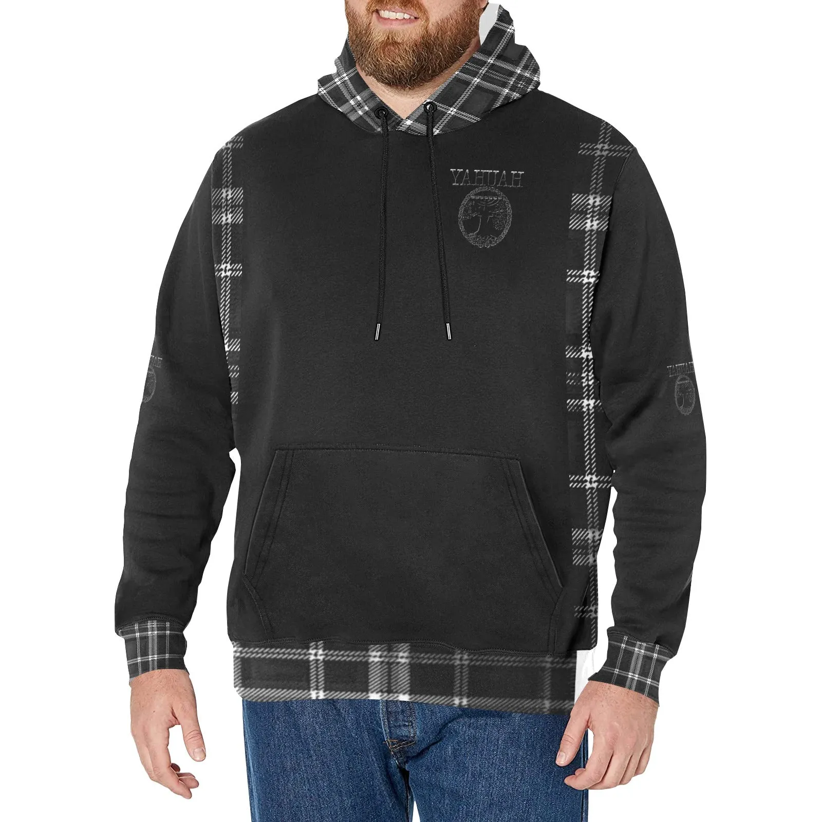 Yahuah-Tree of Life 02-04   Digital Plaid 01-06A Men's Designer High Neck Fleece Lined Pullover Hoodie