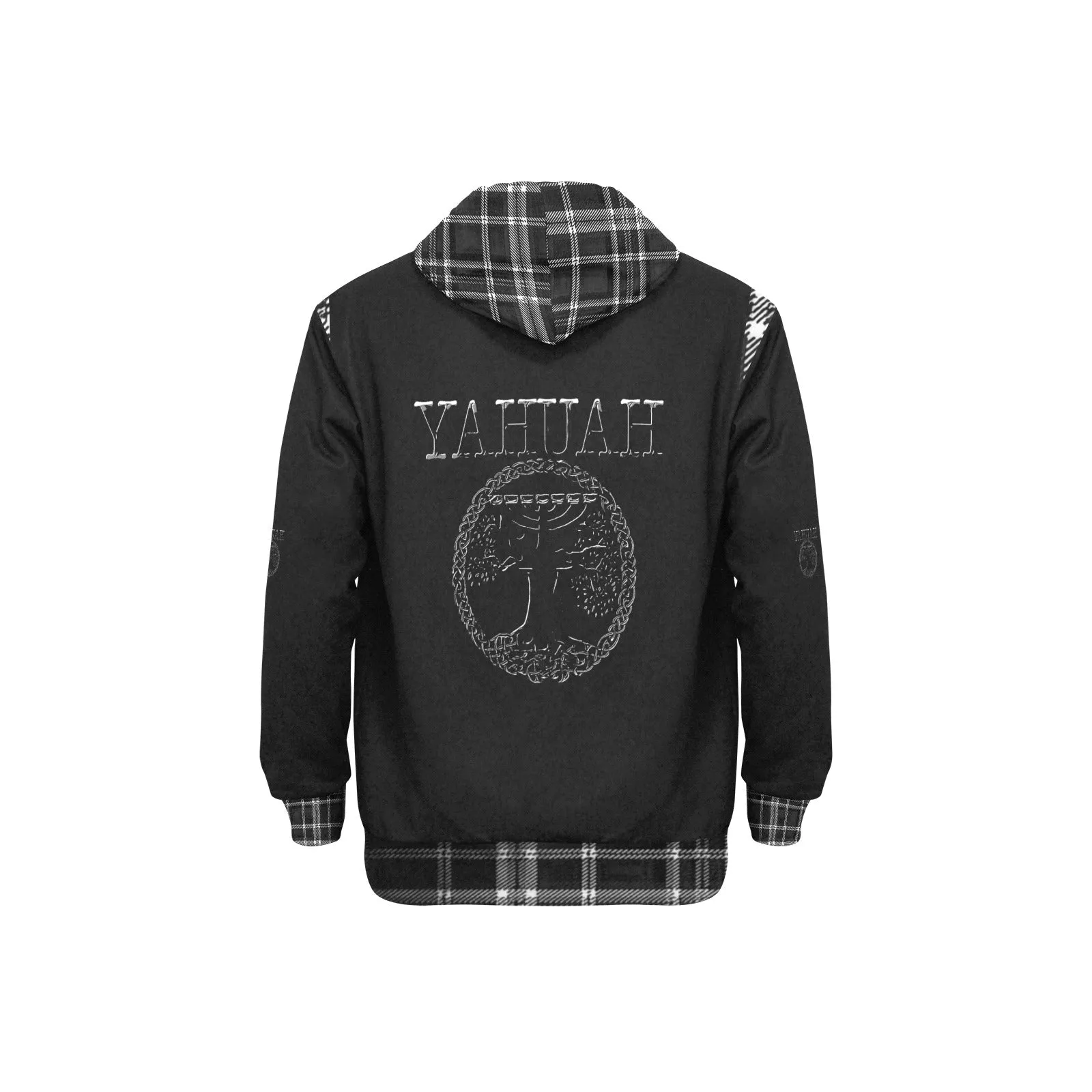 Yahuah-Tree of Life 02-04   Digital Plaid 01-06A Men's Designer High Neck Fleece Lined Pullover Hoodie