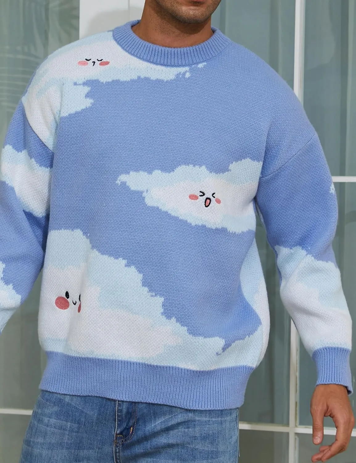 Yimoon Men Sweaters Oversized Graphic Casual Cable Knitted Jumper Pullover Cute Unisex Crewneck Retro Couple Tops