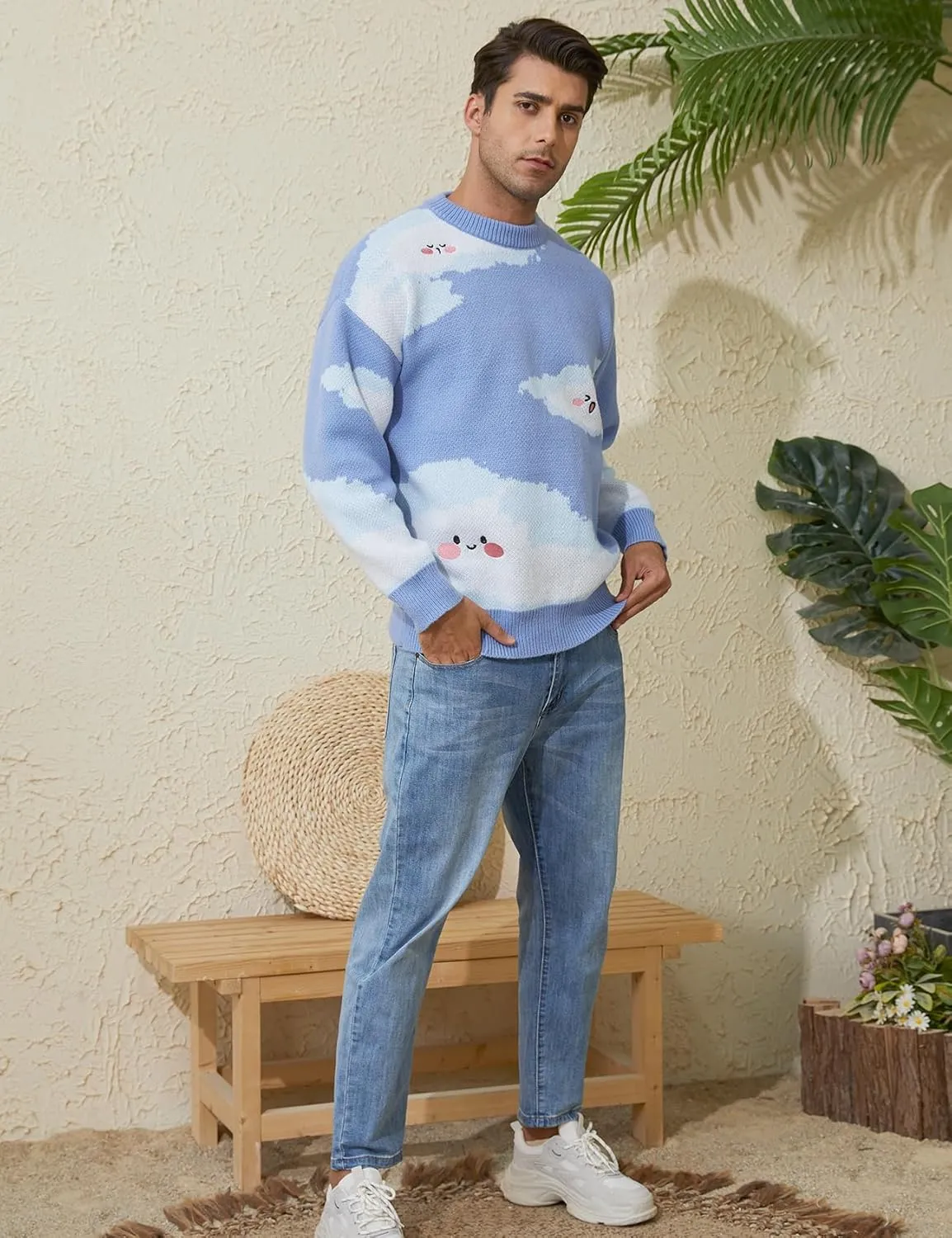 Yimoon Men Sweaters Oversized Graphic Casual Cable Knitted Jumper Pullover Cute Unisex Crewneck Retro Couple Tops
