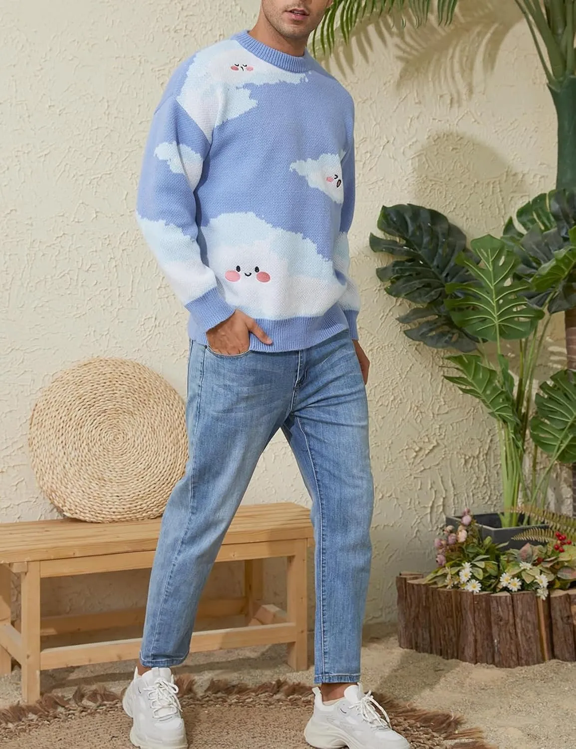 Yimoon Men Sweaters Oversized Graphic Casual Cable Knitted Jumper Pullover Cute Unisex Crewneck Retro Couple Tops