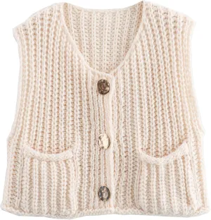 Yimoon Sweater Vest Women Sleeveless Cropped Button Down Chunky Knit Cardigan Casual Knitted Sweater Vest with Pockets