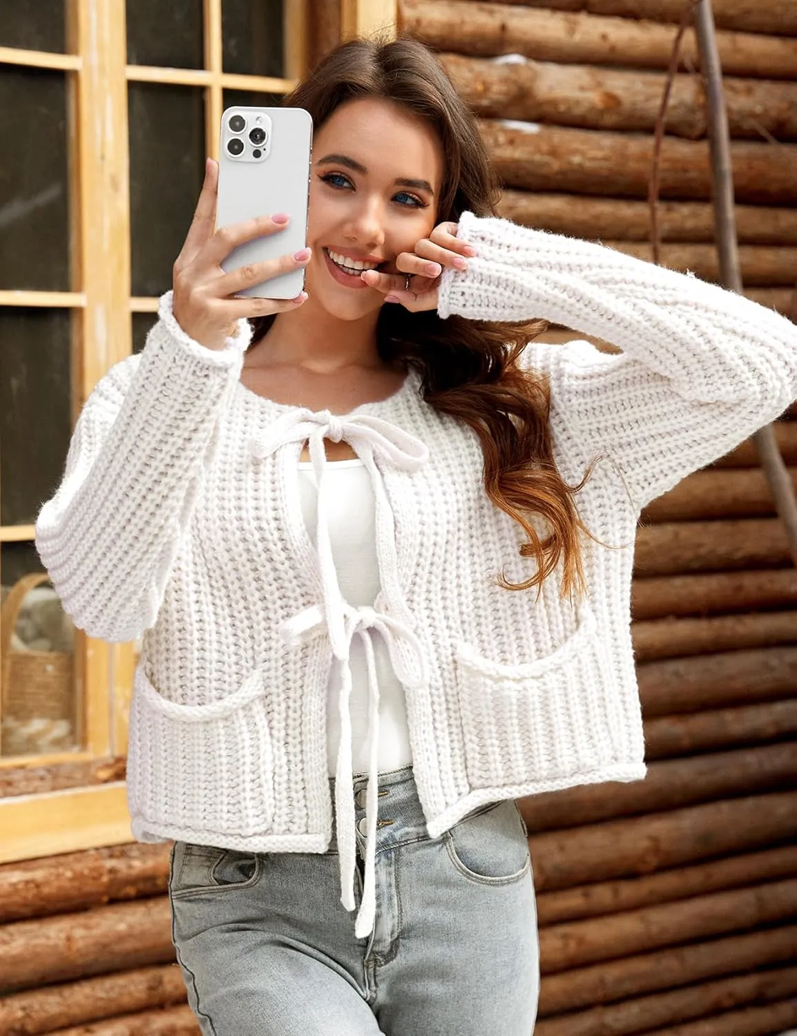 Yimoon Womens Tie Front Chunky Cardigan Sweater Cropped Long Sleeve Open Front Cardigan Knit Trendy Sweater Tops