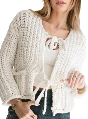 Yimoon Womens Tie Front Chunky Cardigan Sweater Cropped Long Sleeve Open Front Cardigan Knit Trendy Sweater Tops