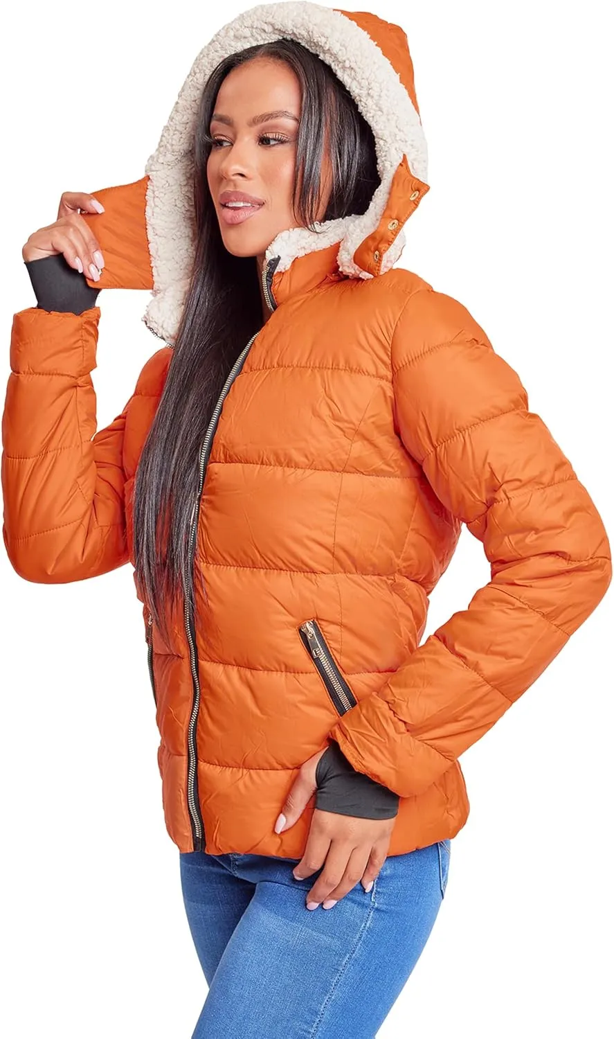 YMI Women's Junior Full Length Puffer Jacket Collar & Detachable Sherpa Hood