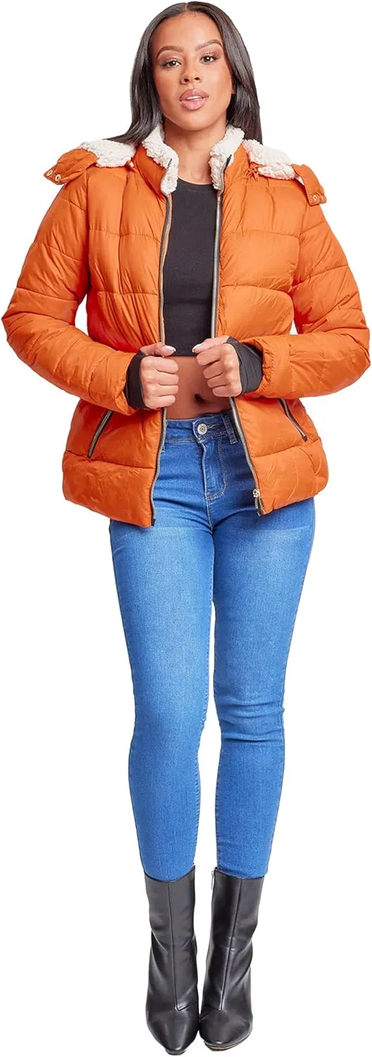 YMI Women's Junior Full Length Puffer Jacket Collar & Detachable Sherpa Hood