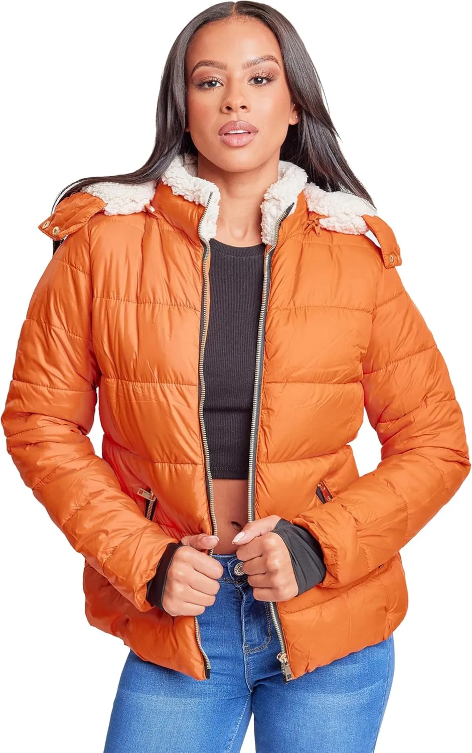 YMI Women's Junior Full Length Puffer Jacket Collar & Detachable Sherpa Hood