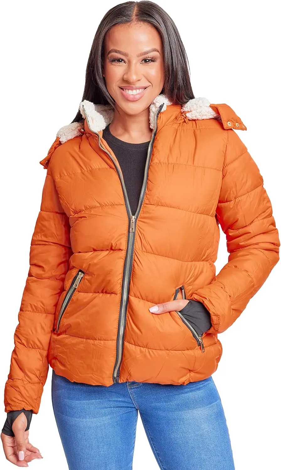 YMI Women's Junior Full Length Puffer Jacket Collar & Detachable Sherpa Hood