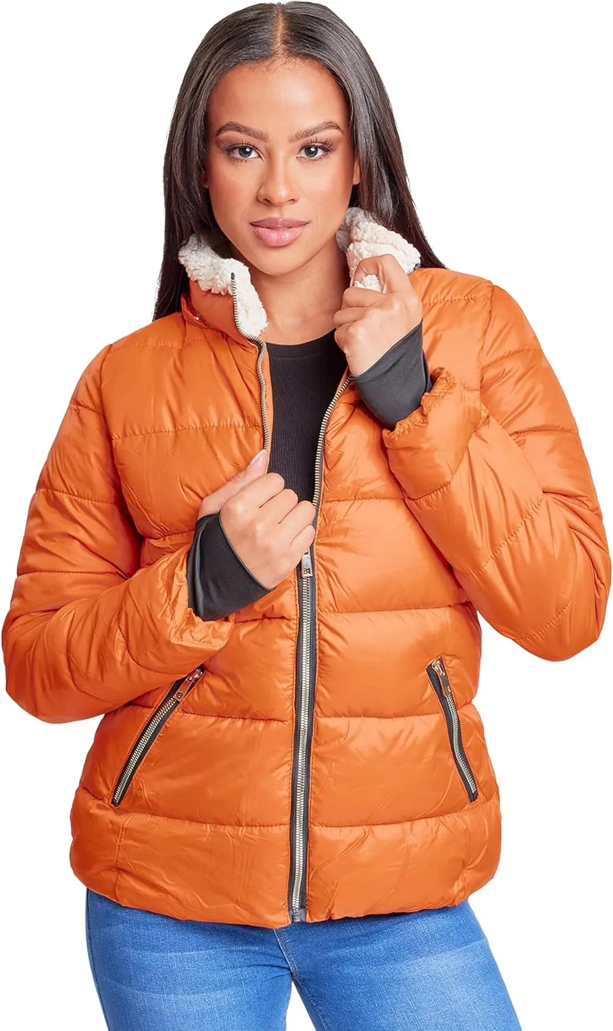 YMI Women's Junior Full Length Puffer Jacket Collar & Detachable Sherpa Hood