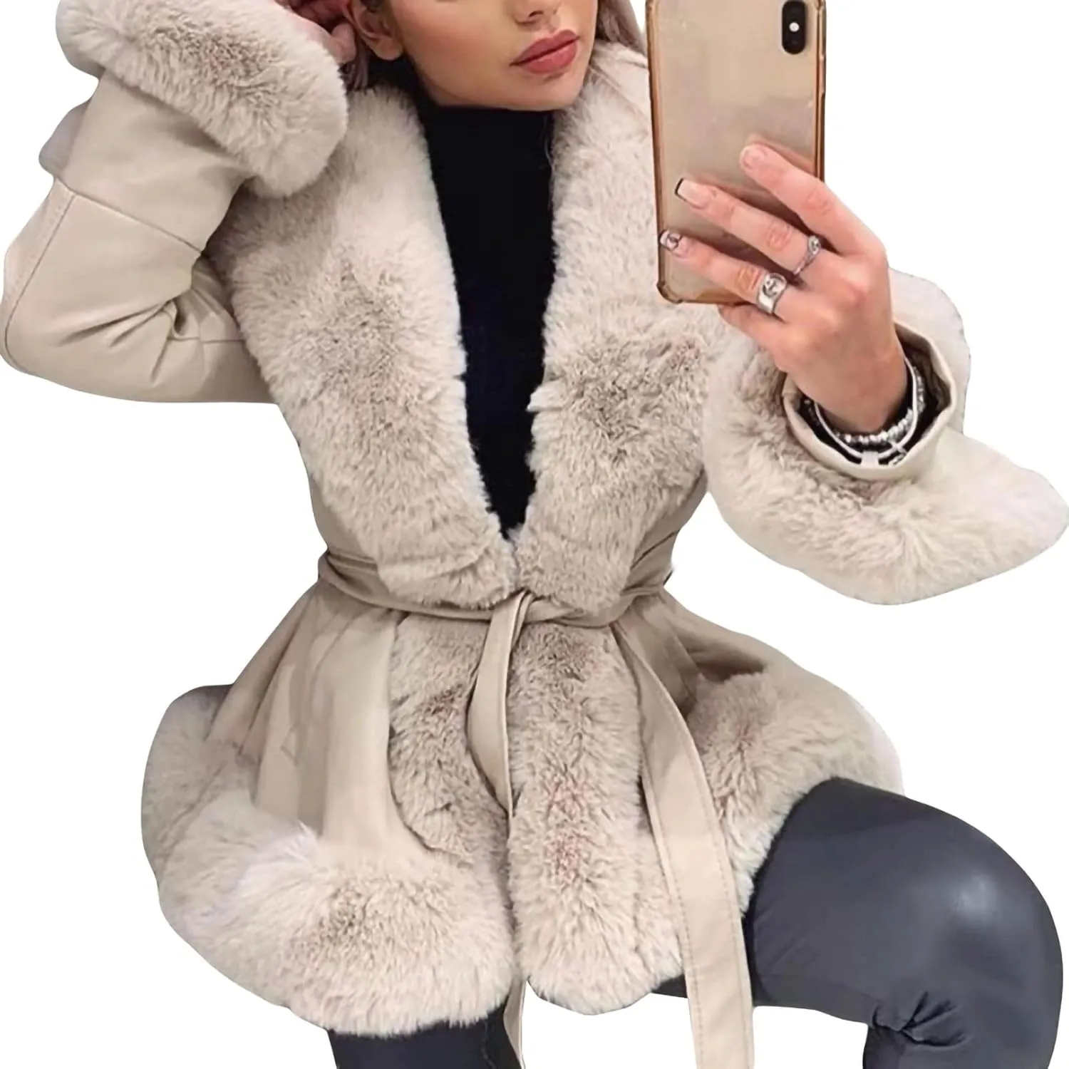 Yoawdats Women's Faux Leather Jacket with Faux Fur Plush Collar Thicken Warm Long Sleeve Parka Cardigan with Belt Outwear