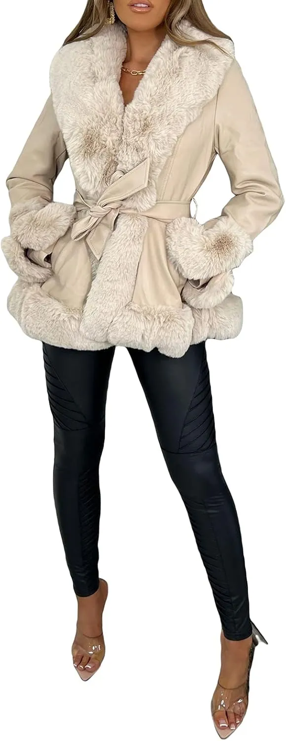 Yoawdats Women's Faux Leather Jacket with Faux Fur Plush Collar Thicken Warm Long Sleeve Parka Cardigan with Belt Outwear