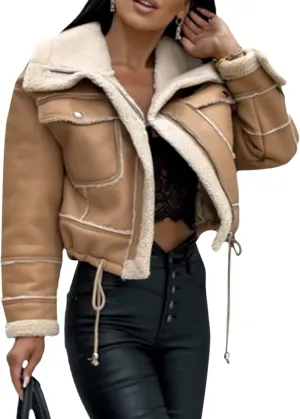 Yoawdats Women's Faux Leather Jacket with Faux Fur Plush Collar Thicken Warm Long Sleeve Parka Cardigan with Belt Outwear