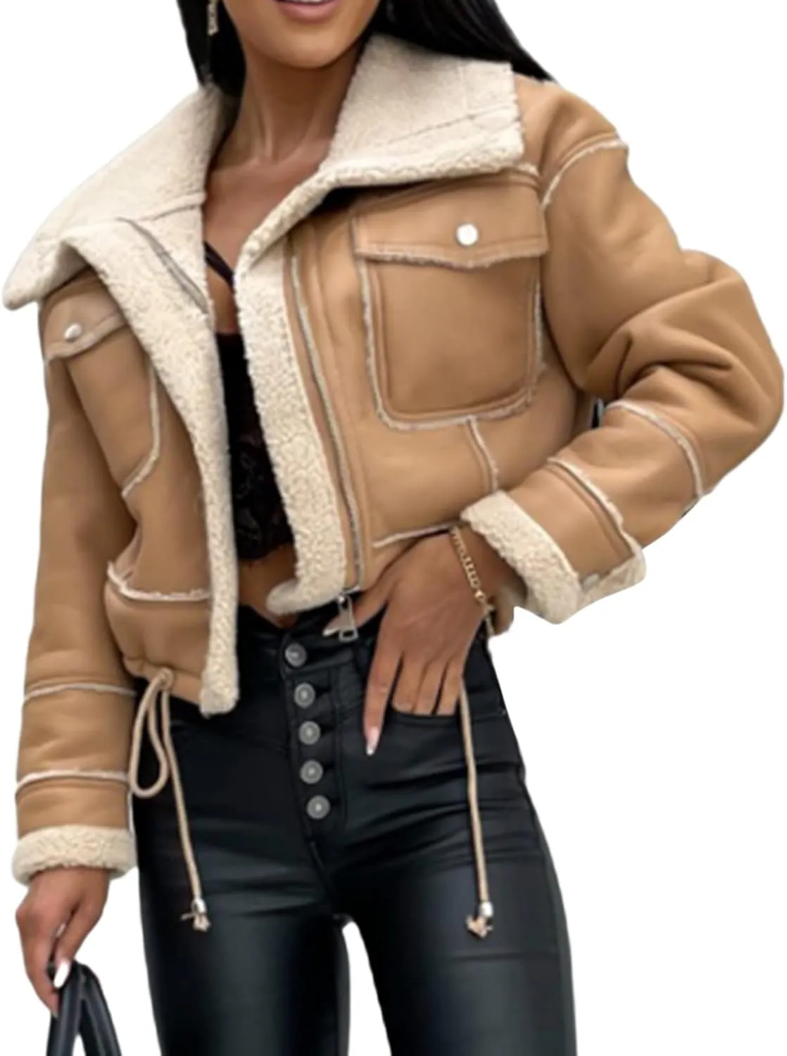 Yoawdats Women's Faux Leather Jacket with Faux Fur Plush Collar Thicken Warm Long Sleeve Parka Cardigan with Belt Outwear