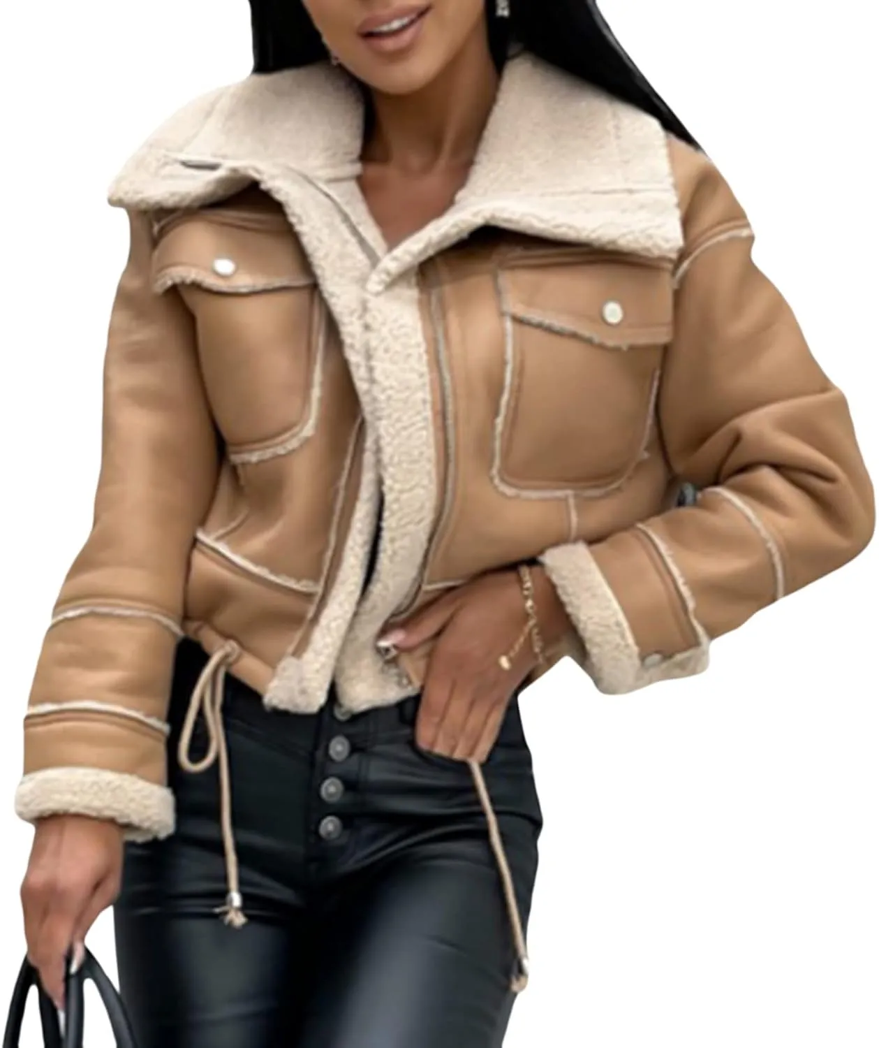 Yoawdats Women's Faux Leather Jacket with Faux Fur Plush Collar Thicken Warm Long Sleeve Parka Cardigan with Belt Outwear