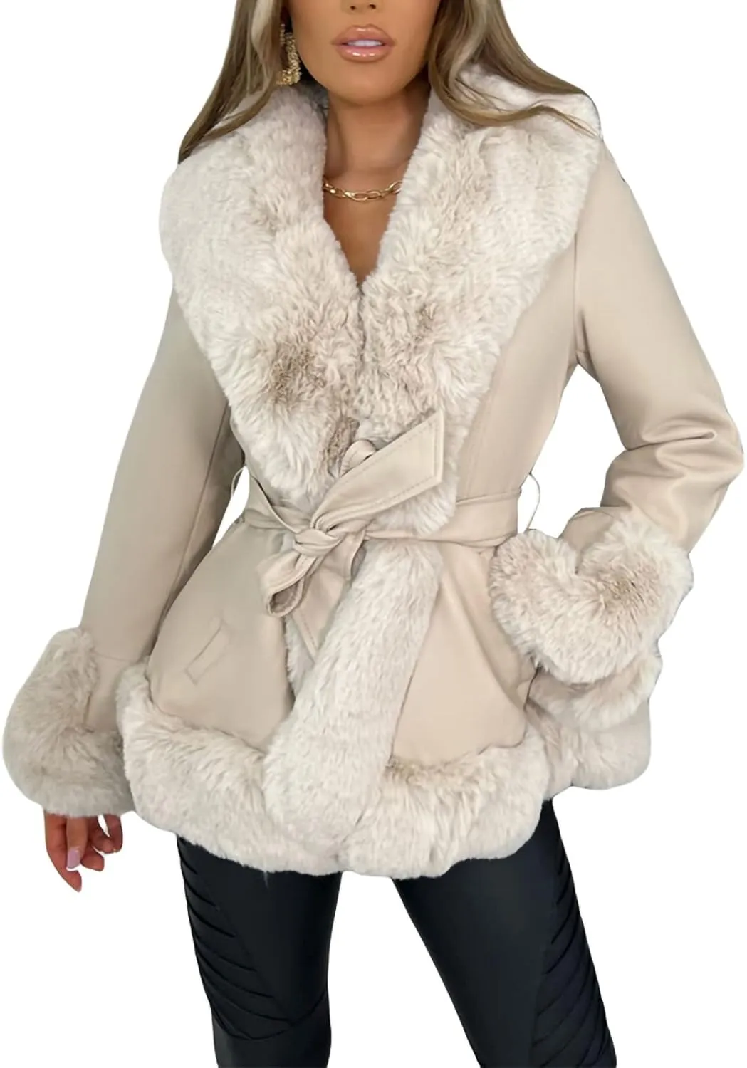 Yoawdats Women's Faux Leather Jacket with Faux Fur Plush Collar Thicken Warm Long Sleeve Parka Cardigan with Belt Outwear