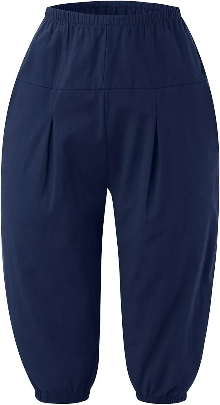 YOLAI Cotton Linen Knee Length Pant Women Casual Solid Pants High Waist Cropped Trousers Summer Lightweight Pant (Navy, M)