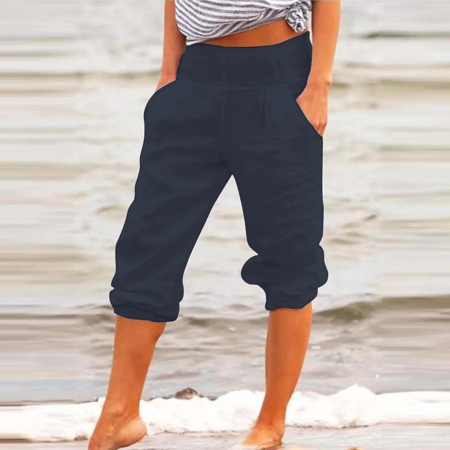 YOLAI Cotton Linen Knee Length Pant Women Casual Solid Pants High Waist Cropped Trousers Summer Lightweight Pant (Navy, M)