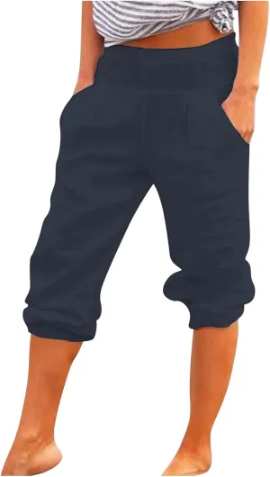 YOLAI Cotton Linen Knee Length Pant Women Casual Solid Pants High Waist Cropped Trousers Summer Lightweight Pant (Navy, M)