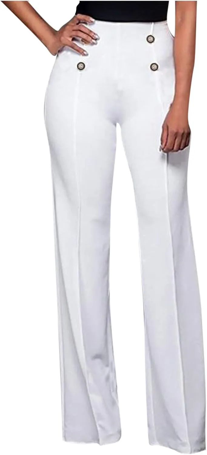 YOLAI Women Casual Wide Leg Pant High Waist Button Down Trousers Solid Color Business Work Trousers