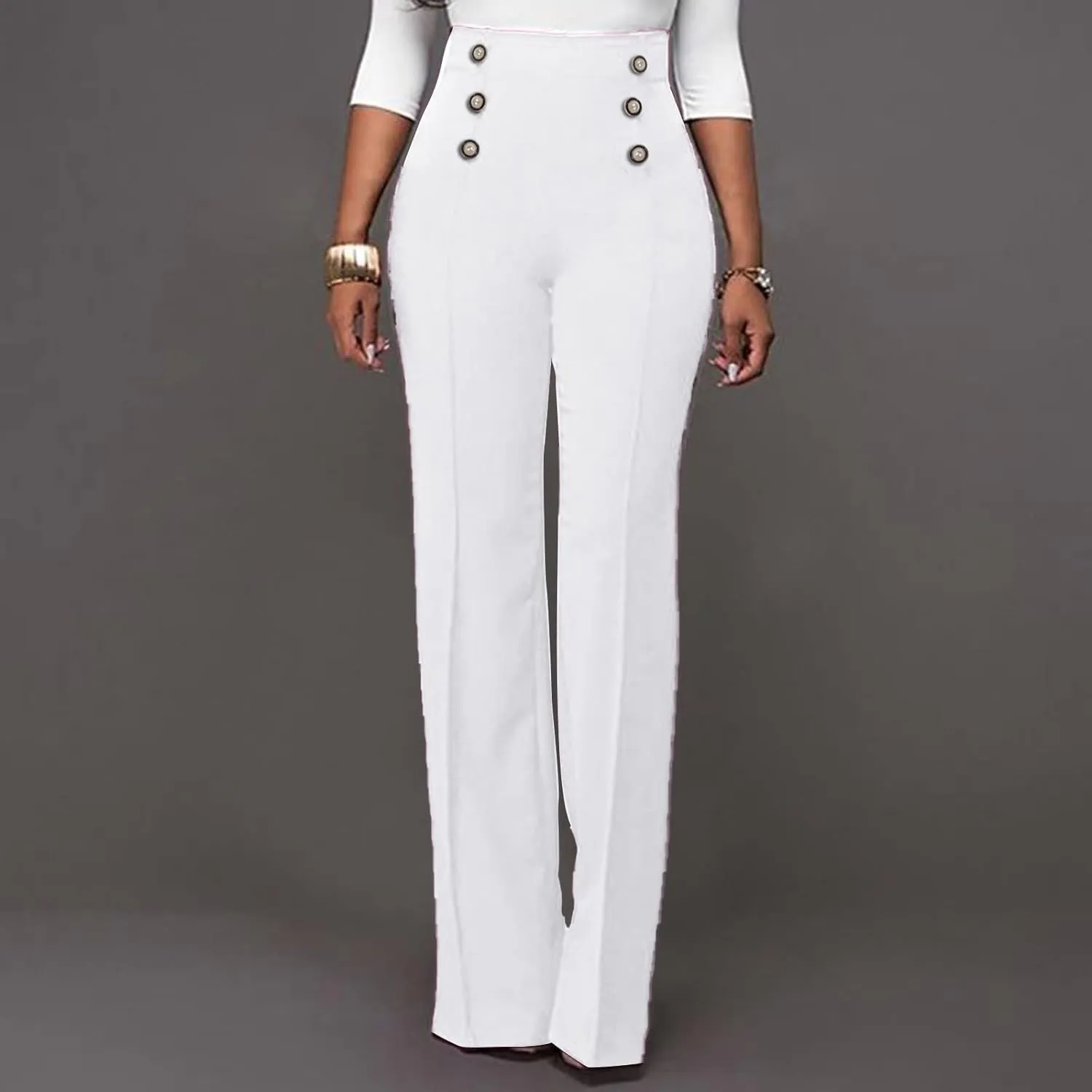 YOLAI Women Casual Wide Leg Pant High Waist Button Down Trousers Solid Color Business Work Trousers