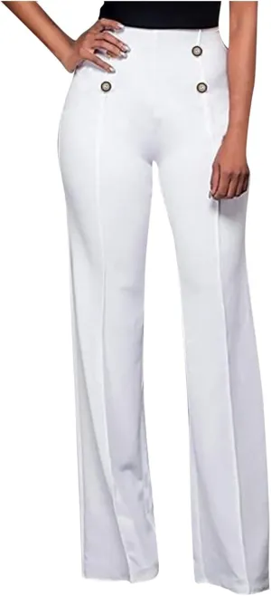 YOLAI Women Casual Wide Leg Pant High Waist Button Down Trousers Solid Color Business Work Trousers