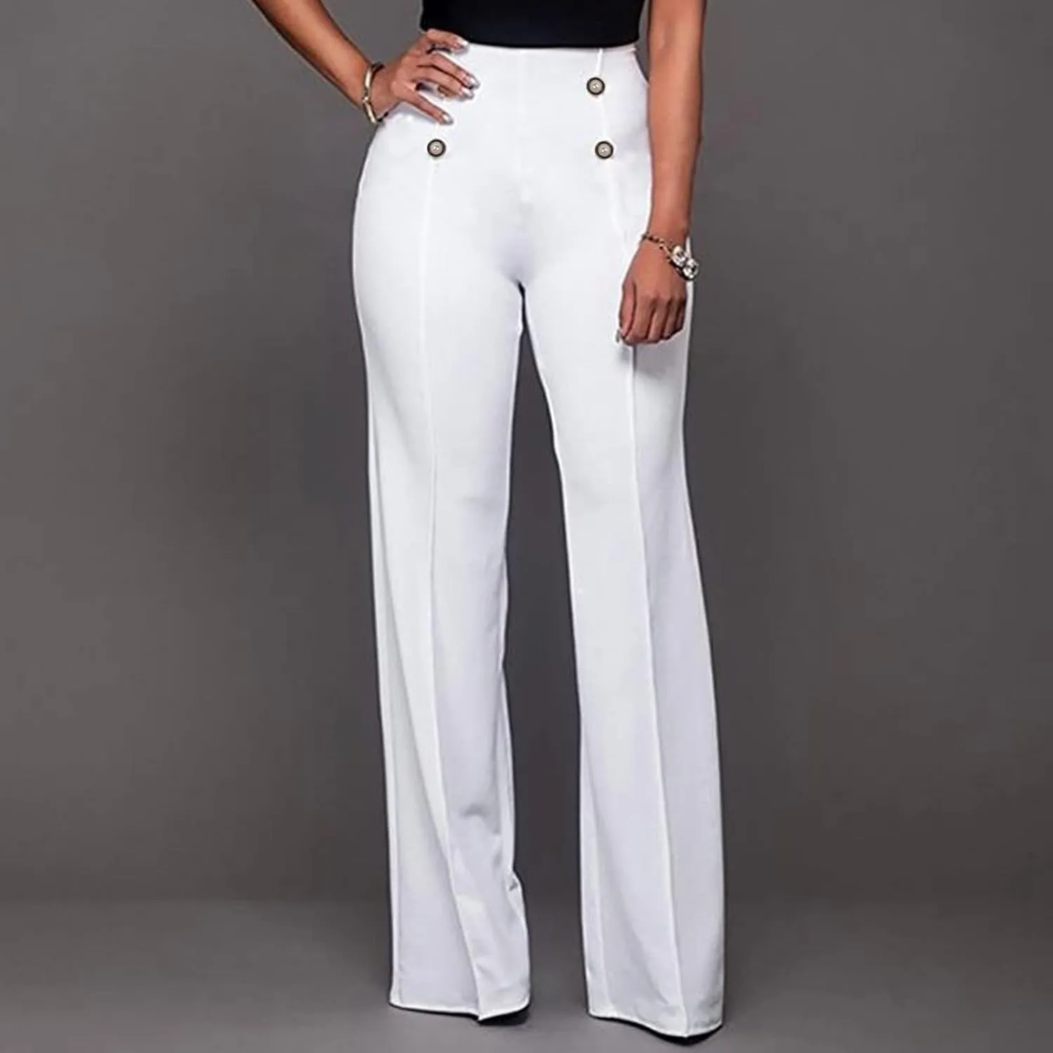 YOLAI Women Casual Wide Leg Pant High Waist Button Down Trousers Solid Color Business Work Trousers