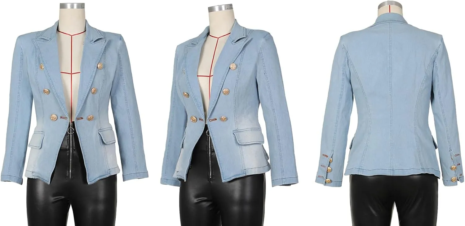 YOOTIKO Womens Jean Blazer Lapel Open Front Button Up Long Sleeve Casual Work Denim Jacket Coat