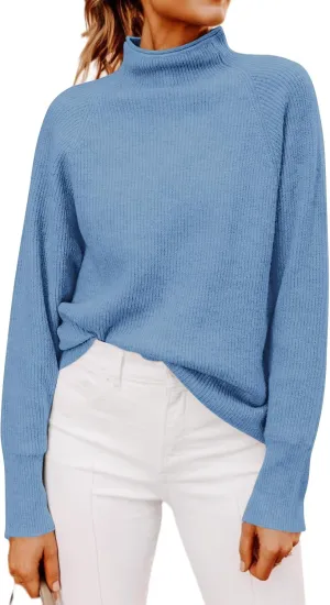 Yousify Womens Ribbed Mock Neck Batwing Sleeve Sweater Loose Knitted Pullover Sweaters Jumper Tops