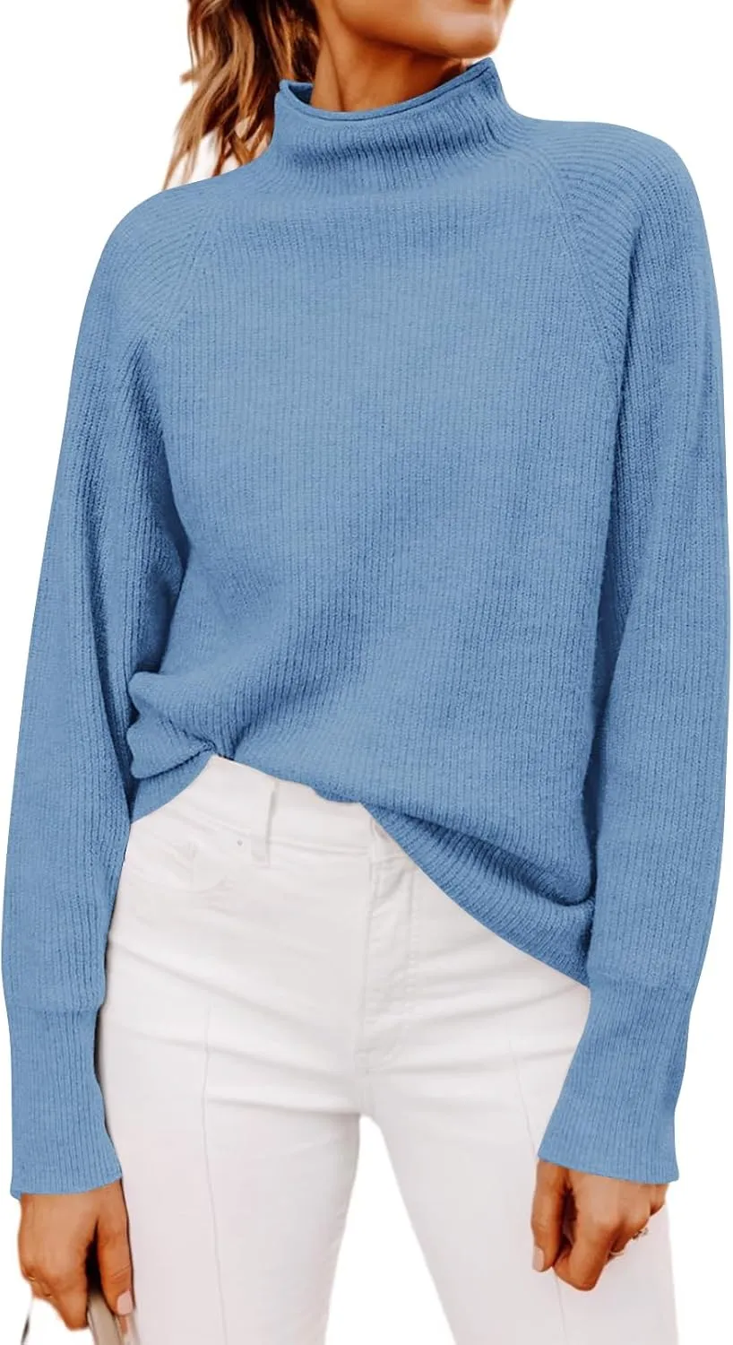 Yousify Womens Ribbed Mock Neck Batwing Sleeve Sweater Loose Knitted Pullover Sweaters Jumper Tops