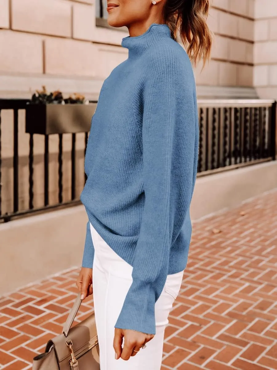 Yousify Womens Ribbed Mock Neck Batwing Sleeve Sweater Loose Knitted Pullover Sweaters Jumper Tops