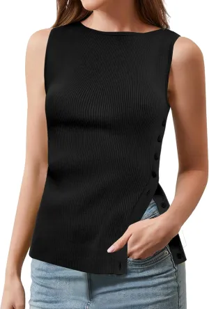 Ythomm Womens Asymmetrical Side-Button Slit Tank Tops Sleeveless Boat Neck Ribbed Knit Sweater Vest Solid Slim Going Out Tops