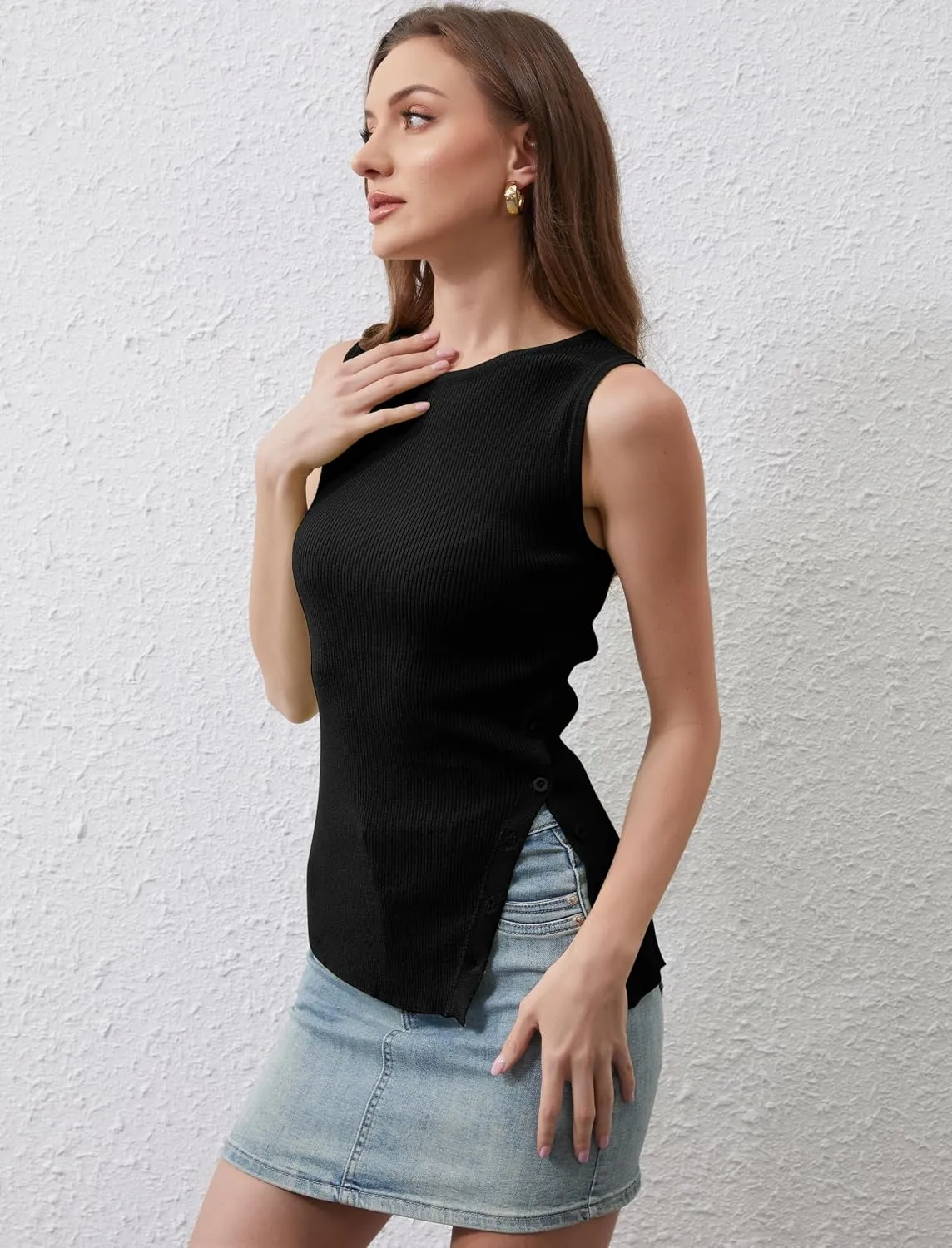 Ythomm Womens Asymmetrical Side-Button Slit Tank Tops Sleeveless Boat Neck Ribbed Knit Sweater Vest Solid Slim Going Out Tops