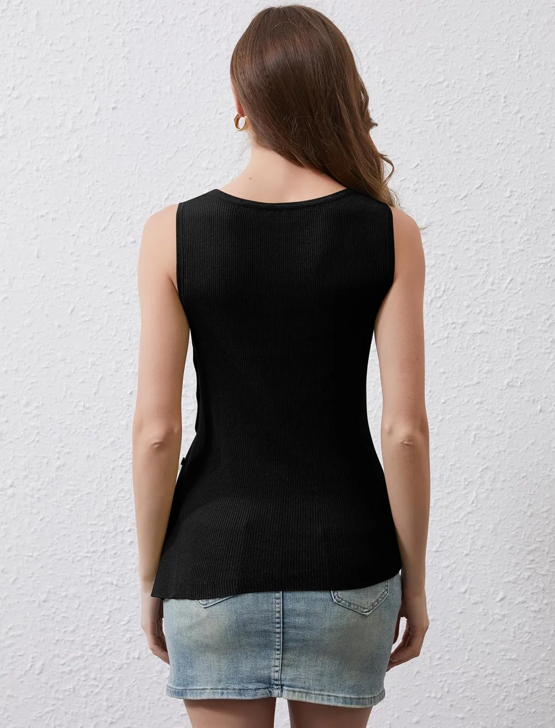 Ythomm Womens Asymmetrical Side-Button Slit Tank Tops Sleeveless Boat Neck Ribbed Knit Sweater Vest Solid Slim Going Out Tops