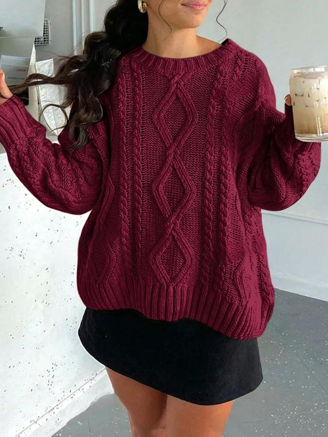 ZAFUL Cable Knit Sweaters for Women Crewneck Casual Knit Pullover Sweater Long Sleeves Jumper Tops