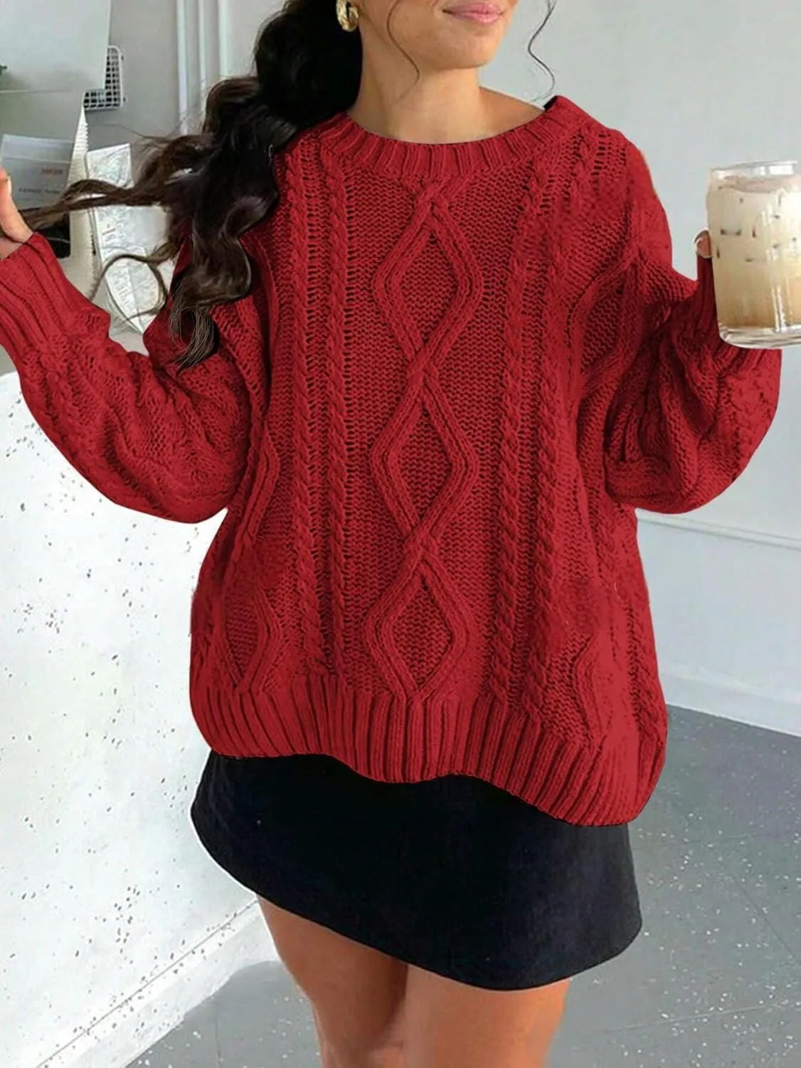 ZAFUL Cable Knit Sweaters for Women Crewneck Casual Knit Pullover Sweater Long Sleeves Jumper Tops