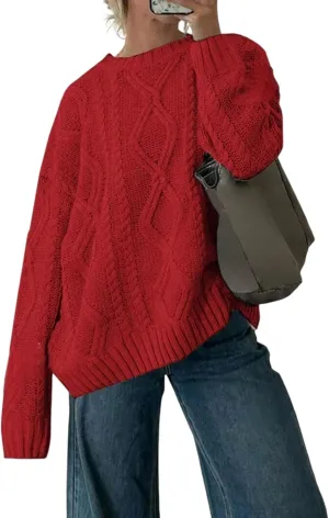 ZAFUL Cable Knit Sweaters for Women Crewneck Casual Knit Pullover Sweater Long Sleeves Jumper Tops
