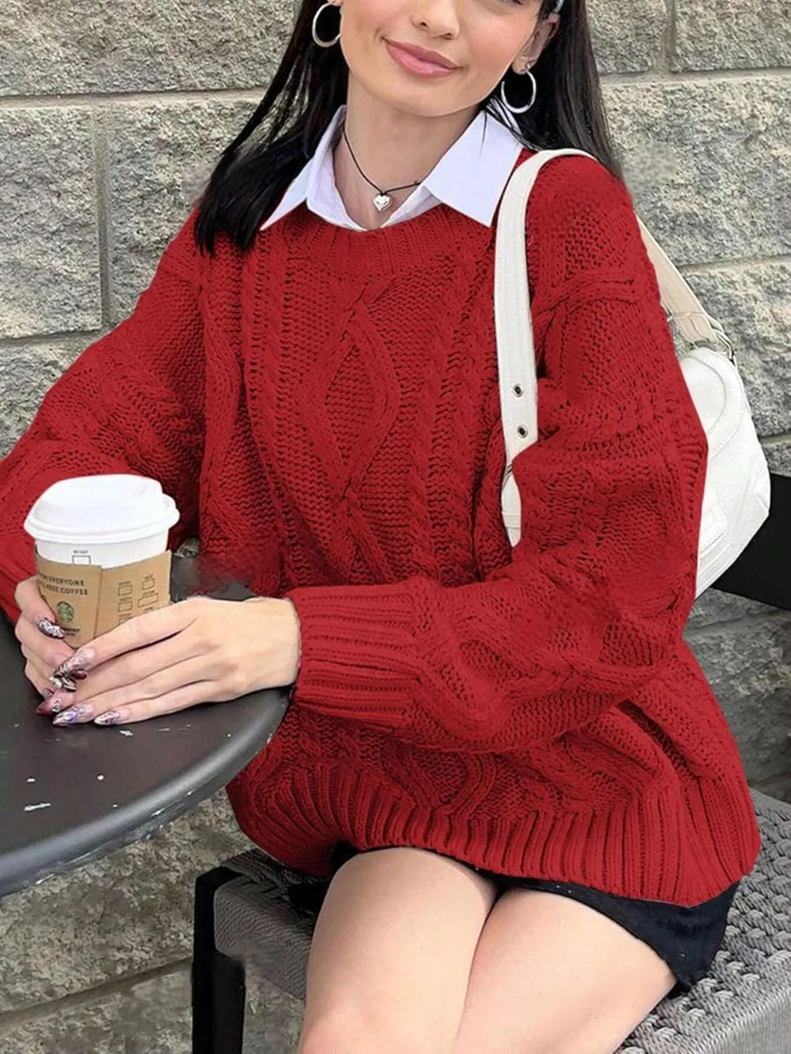 ZAFUL Cable Knit Sweaters for Women Crewneck Casual Knit Pullover Sweater Long Sleeves Jumper Tops